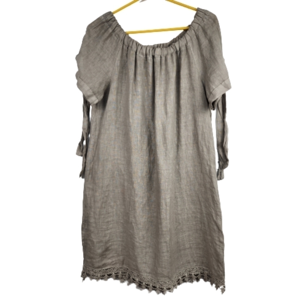 Lungo L'arno Gray Off the Shoulder 100% Linen Lagenlook Dress Size Small